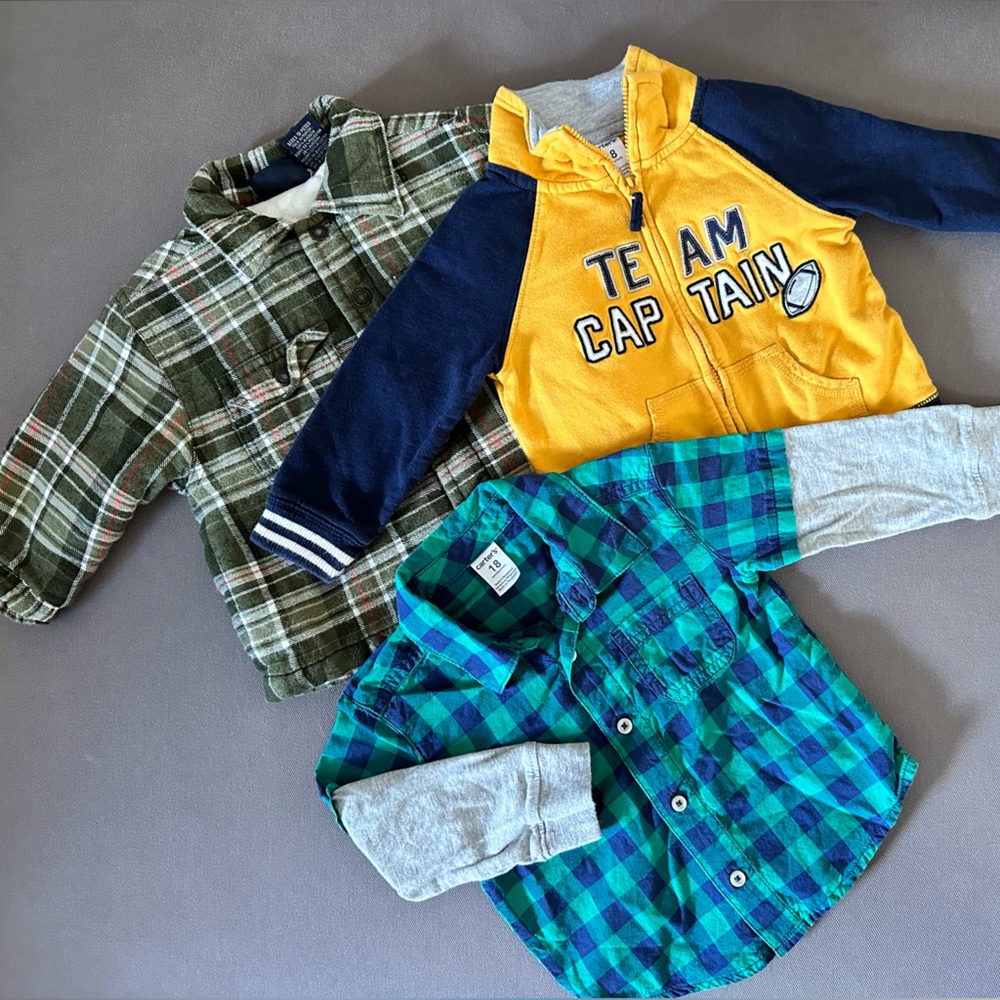 18m boys fall tops jacket bundle. Carters button down and zip up. Plaid jacket.